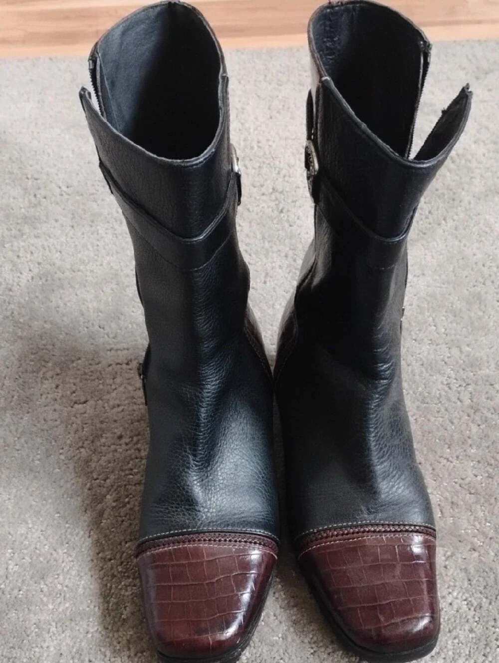 Brighton ..Gretel..Black and brown Croc-Accent Leather Ankle Boots. 7.5